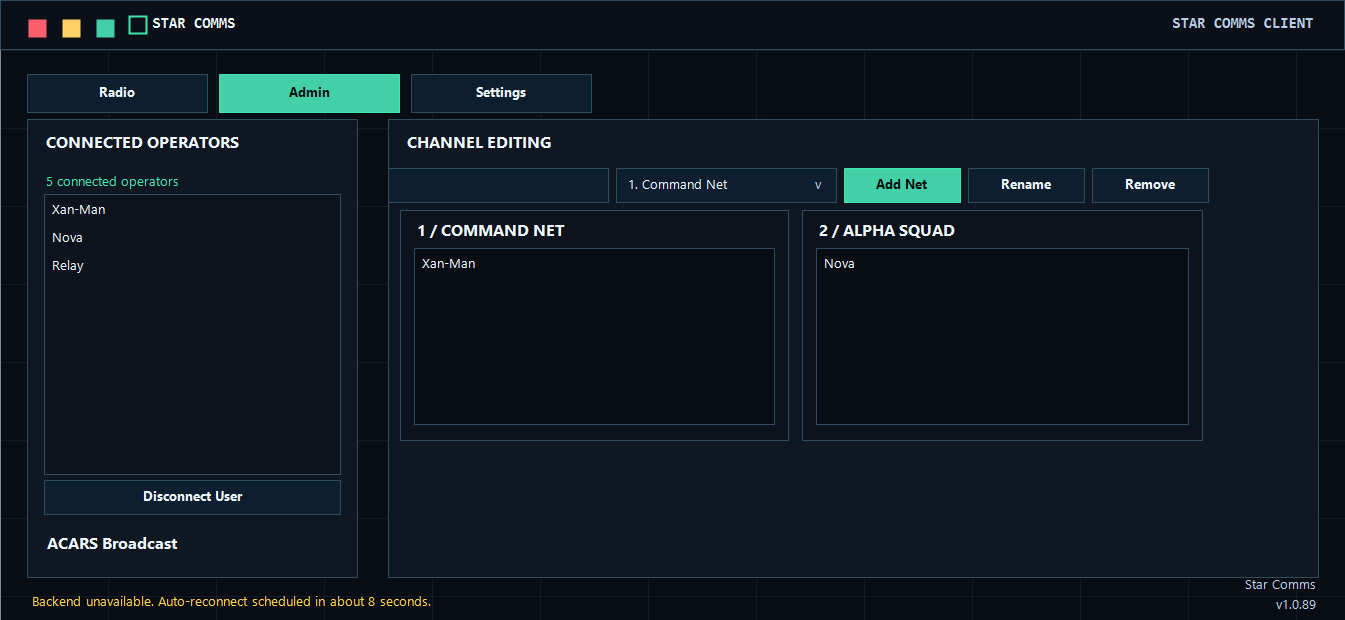 Actual Star Comms admin panel showing connected operators and channel assignment board