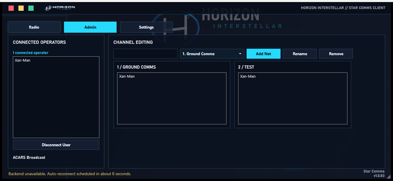 Star Comms admin tab with connected operators and channel boards