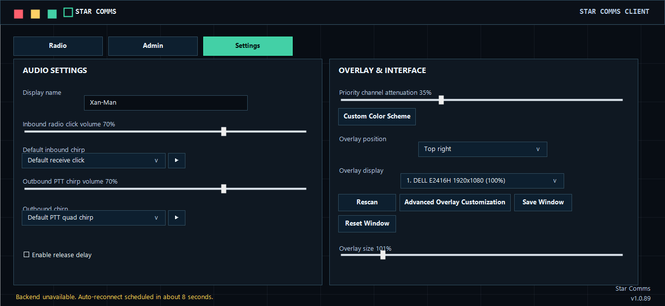 Actual Star Comms settings page showing overlay controls